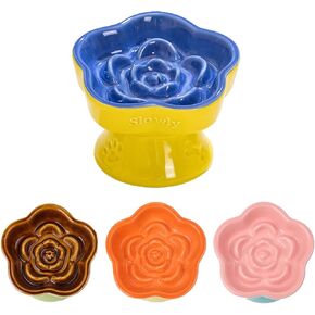 Raised Cat Slow Feeder Bowl, Ceramic Raised Pet Dishes, No Black Chin, Flower Shaped, for Dry and Wet Food, Non-Slip, Dishwasher Microwave Safe (Pink) in Kuwait
