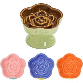 Raised Cat Slow Feeder Bowl, Ceramic Raised Pet Dishes, No Black Chin, Flower Shaped, for Dry and Wet Food, Non-Slip, Dishwasher Microwave Safe (Pink) in Saudi Arabia