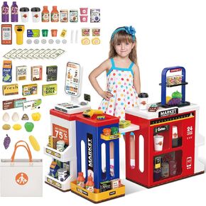 deAO Supermarket Playset for Kids Pretend Play Grocery Store Playset with Storage Bag Cash Register Coffee Machine Play Food Accessories Christmas Birthday Gift Toys for Kids Yellow RED