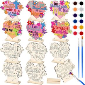 24 Sets Mother's Day Crafts for Kids Bulk Religious Coloring Mother's Day Table Wood Signs DIY Wooden Color Your Own Gift for Mum, Kids, Sunday School Classroom Activities