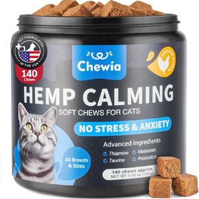 Hemp Cat Calming Treats - Probiotic Melatonin Soft Chews for Cat Anxiety Relief with Hemp Seed Oil - Calming Chews for Stress, Storms, Travel, Grooming, Separation Anxiety - Behavioural Support