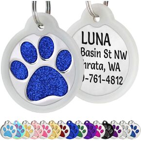 GoTags Personalized Paw Print Pet Tag Stainless Steel for Dogs and Cats, 4 Lines of Custom Engraved ID Name and Number, in Stainless Steel and 15 Colors Glitter (Small Pack of 1)