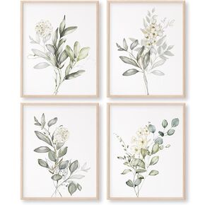 Botanical Watercolor Art Prints (Set of 4) - 11x14 (Unframed) | Boho Leaves and Flowers Wall Decor | Minimalist Floral Artwork for your Home, WFH Office, Kitchen, Dining Room, Bedroom, and Bathroom