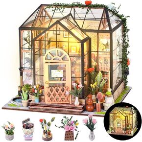 DIY Miniature House Kit,Miniature Building Kits,Wooden Greenhouse Miniature Kit with Furniture & LED,Creative Dollhouse Kit for Adults,Hobby Craft Home Decor Birthday Gifts