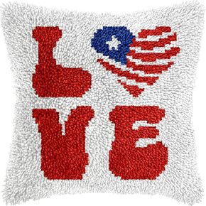 QIONG MENG Latch Hook Kits for Adults, DIY Love Stars American Flag Independence Day Decor Pattern Pillow Cover Kit Needlework Cushion Cover Hand Craft Crochet for Home Sofa Decorations 17 x 17 Inch