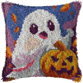 GLAECYY Latch Hook Kits for Pillow Cover Cushion Colour Printed Canvas Rug Needlework DIY Crochet Yarn Kit Christmas Home Arts Crafts Sofa Decoration 17" x 17" (Ghost punpkin)