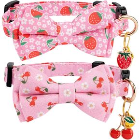 2 Pack Breakaway Cat Collar with Removable Bow Tie and Bell for Boy Girl Cats,Cute Cotton Kitten Collar with Purple Lavender and Red Flower Pattern for Female Male Cats (Lightning&Sun)