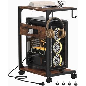 2 Tier Computer Tower Stand with Charging Station, Floor PC Stand Fits Under Desk, Rolling C Shaped End Table with USB Port, CPU Holder Cart for Carpet with Hooks, Home Office
