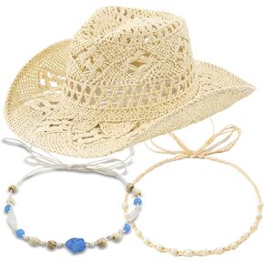 Straw Cowboy Hat for Women, Western Beach Coastal Cowgirl Hat with 2 Replacement Hat Bands, Shapeable Brim Beige