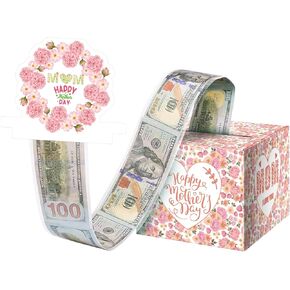 Mother's Day Money Box for Cash Gift Pull, Surprise Money Holder Cash Gift for Wife Mom Grandmother, DIY Fun with Pull Out Card and 50Pcs Transparent Bags (Pink Flower)