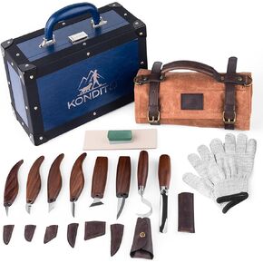 KONDITO Deluxe Wood Carving Kit with Durable Leather Storage Box, Wood Carving Knives, Detail Knives, Gloves, Strop Block and Roll Bag for Beginners and Experts, Wood Carving Tool for Wood Working