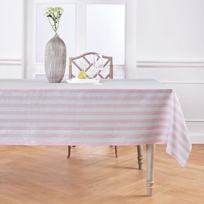 Solino Home Linen Tablecloth 60 x 120 Inch - Sorrento Stripe 100% Pure Linen Pink and White Table Cloth for Rectangle Tables - Machine Washable Fabric Tablecloth for Spring, Mothers Day, Summer
