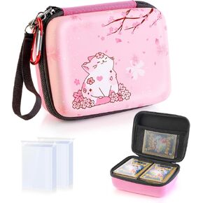 Travel Carrying Case for Trading Cards with 200 Counts Card Sleeves,Pink Hard-Shell Storage Box fits Magic MTG Cards and PTCG (Sakura Cat, 400 Card Capacity)