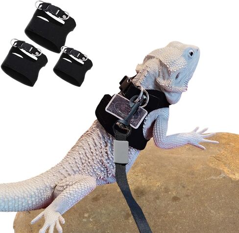 3 Pack Bearded Dragon Harness and Leash Set - Adjustable Soft Leather Lizard Harness with Retractable Leash Small Animal Traction Rope Walking Vest Accessories for Reptile Squirrel Rat (Black) in Saudi Arabia