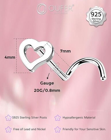 Oufer 925 Sterling Silver Flase Rings Brings for Women ، Heart Studs for Dietril Piercing ، 20G GUSTERING JOWNEDRY-7MM in Kuwait