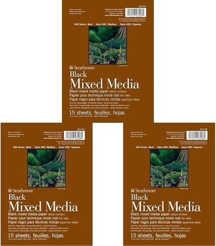 Strathmore 400 Series Mixed Media Paper, Black, Foldover Pad, 6x8 inches, 15 Sheets (184lb/300g) - Artist Paper for Adults and Students - Watercolor, Gouache, Graphite, Ink, Pencil, Marker (Pack of 3) in Saudi Arabia