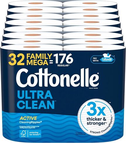 Cottonelle Ultra Clean Toilet Paper with Active CleaningRipples Texture, Strong Bath Tissue, 24 Family Mega Rolls = 132 Regular Rolls (4 Packs of 6) in Saudi Arabia