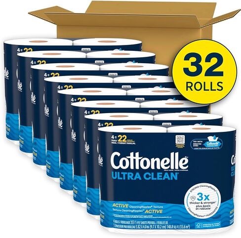 Cottonelle Ultra Clean Toilet Paper with Active CleaningRipples Texture, Strong Bath Tissue, 24 Family Mega Rolls = 132 Regular Rolls (4 Packs of 6) in Saudi Arabia