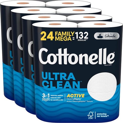 Cottonelle Ultra Clean Toilet Paper with Active CleaningRipples Texture, Strong Bath Tissue, 24 Family Mega Rolls = 132 Regular Rolls (4 Packs of 6) in Saudi Arabia