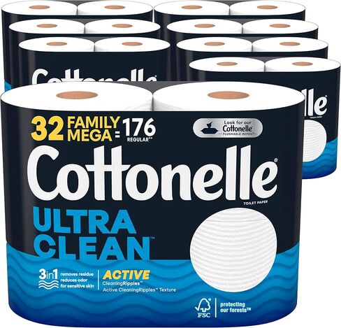 Cottonelle Ultra Clean Toilet Paper with Active CleaningRipples Texture, Strong Bath Tissue, 24 Family Mega Rolls = 132 Regular Rolls (4 Packs of 6) in Saudi Arabia