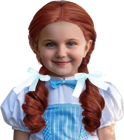 Kids Princess Wig Long Red Braid Wig + Crown Headband + Necklace + Wig Cap for Girls Toddler, Pre-styled Wigs Synthetic Fiber Hair for Halloween Party in Kuwait