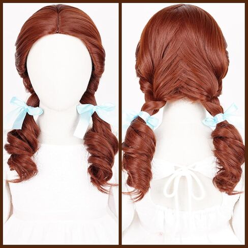 Kids Princess Wig Long Red Braid Wig + Crown Headband + Necklace + Wig Cap for Girls Toddler, Pre-styled Wigs Synthetic Fiber Hair for Halloween Party in Kuwait