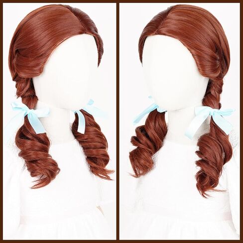 Kids Princess Wig Long Red Braid Wig + Crown Headband + Necklace + Wig Cap for Girls Toddler, Pre-styled Wigs Synthetic Fiber Hair for Halloween Party in Kuwait