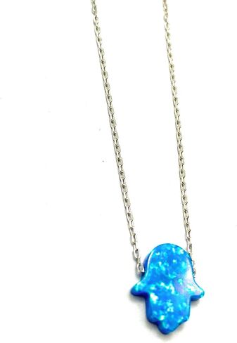 Blue Opal Hamsa Hand Necklace, Elegant Sterling Silver Chain, Meaningful Amulet for Protection, Perfect Gift for Birthdays in Saudi Arabia