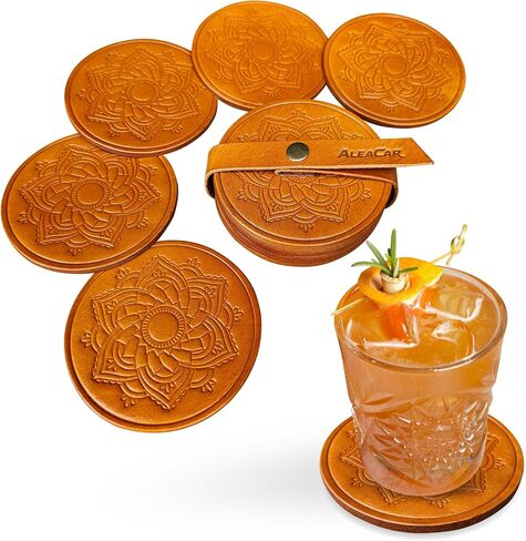 Handmade Leather Coasters 4" for Drinks - Set of 6 Modern Cup Coaster for Coffee, Wine, Desk, Table, Office - Coster for Outdoor Patio, Perfect Housewarming Gift & Home Décor (ReddishBrown) in Saudi Arabia