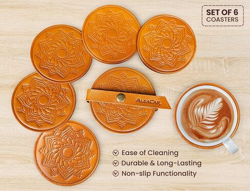 Handmade Leather Coasters 4" for Drinks - Set of 6 Modern Cup Coaster for Coffee, Wine, Desk, Table, Office - Coster for Outdoor Patio, Perfect Housewarming Gift & Home Décor (ReddishBrown) in Saudi Arabia
