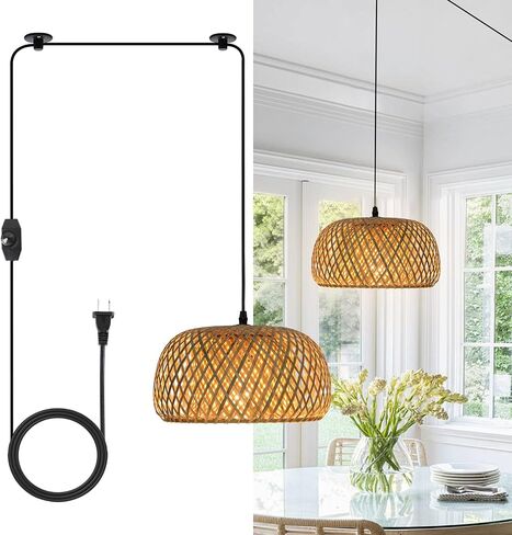 HuisMier Dimmable Plug in Pendant Light Rattan Hanging Lights with 15 Ft Plug in Cord, Handmade Bamboo Lampshade Boho Hanging Light Fixture for Kitchen Island Dining Room Bedroom in Saudi Arabia