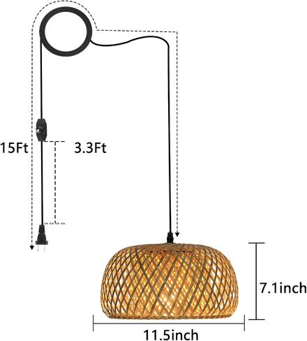 HuisMier Dimmable Plug in Pendant Light Rattan Hanging Lights with 15 Ft Plug in Cord, Handmade Bamboo Lampshade Boho Hanging Light Fixture for Kitchen Island Dining Room Bedroom in Saudi Arabia