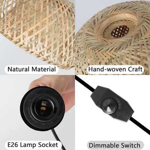 HuisMier Dimmable Plug in Pendant Light Rattan Hanging Lights with 15 Ft Plug in Cord, Handmade Bamboo Lampshade Boho Hanging Light Fixture for Kitchen Island Dining Room Bedroom in Saudi Arabia