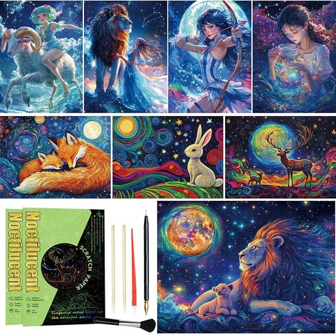 8 Sheets Scratch Art Noctilucent Rainbow Scratch Paper Scratch Painting Art Adults Paint by Scratch Kit for Arts and Crafts Gift（ Animal Elf ） in Kuwait