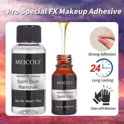 MEICOLY Spirit Gum Adhesive and Remover Combo Kit,Professional Face Spirit Glue, Body Adhesive for Face Body Prosthetics,Body Skin Glue for for Halloween,Stage, Cosplay,Special Effects FX Costume in Kuwait