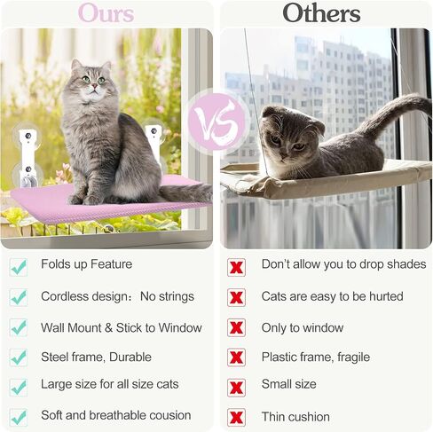 Foldable Cat Window Perch, Cordless Cat Window Hammock with 4 Strong Suction Cups, Window Cat Beds for Indoor Cats Inside, Large Cats Window Seat Windowsill Safety with Sturdy Metal Frame Soft Cover in Saudi Arabia