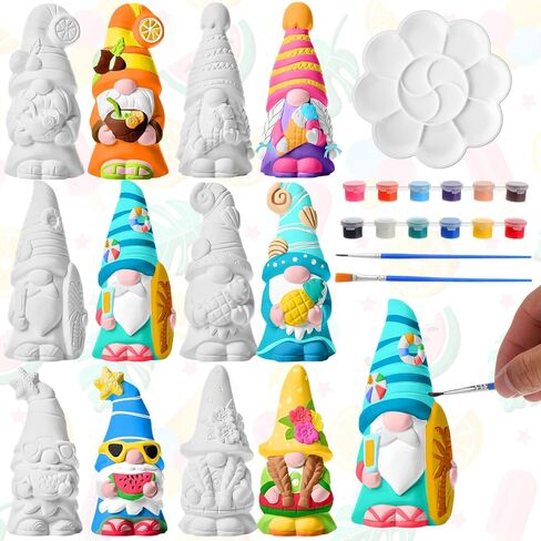 Arrowbash 6 PCS Summer Ceramics للطلاء جاهزًا لطلاء تماثيل Gnome الخاصة بك 5.12 التماثيل القابلة للطلاء DIY مجموعة من السيراميك غير الملصقة مع طلاء لوحة الفرشاة in Kuwait