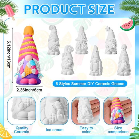 Arrowbash 6 PCS Summer Ceramics للطلاء جاهزًا لطلاء تماثيل Gnome الخاصة بك 5.12 التماثيل القابلة للطلاء DIY مجموعة من السيراميك غير الملصقة مع طلاء لوحة الفرشاة in Kuwait