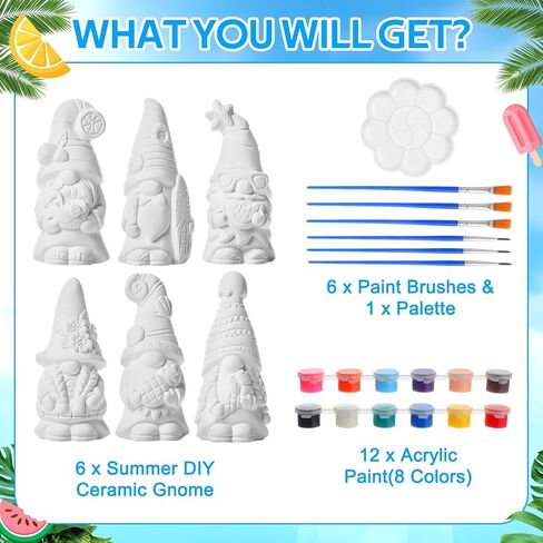 Arrowbash 6 PCS Summer Ceramics للطلاء جاهزًا لطلاء تماثيل Gnome الخاصة بك 5.12 التماثيل القابلة للطلاء DIY مجموعة من السيراميك غير الملصقة مع طلاء لوحة الفرشاة in Kuwait