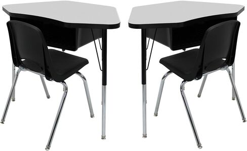 FDP Petal Open Front Desk (24 x 36 in) Table, Book Box for Classroom School Supplies, Adjustable Standard Swivel Glide Legs (19-30 in) with 16" Swivel Glides Stack Chair (2-Pk/4-Pc Set)- Gray/Black in Saudi Arabia