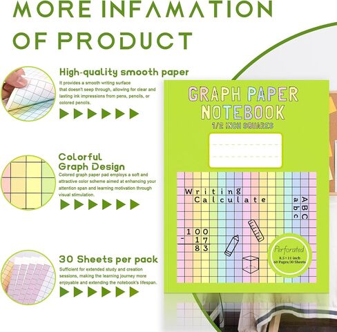 2 Pack 8.5×11 Colored Graph Paper Pad Math Notebook Graph Paper 1/2 Inch Squares Large Quad Ruled Grid Composition Book Colored Grid Notebook Exercise 30 Sheets for Kids Dyslexia Dysgraphia School in Kuwait