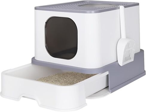 RIZZARI Foldable Cat Litter Box, Cat Box with Drawer, Large Capacity Litter Box with Lid, Top Opening Litter Pan for Small to Big Cats (All Black) in Kuwait