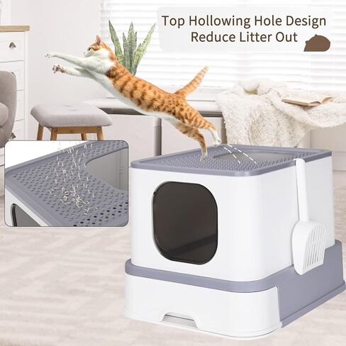 RIZZARI Foldable Cat Litter Box, Cat Box with Drawer, Large Capacity Litter Box with Lid, Top Opening Litter Pan for Small to Big Cats (All Black) in Kuwait