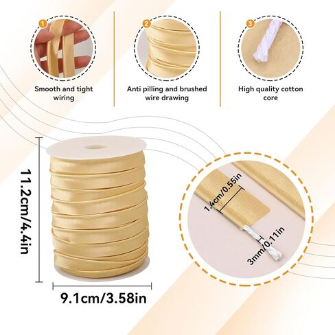 Piping Trim for Sewing, 1.4cm/ 55 Yards Crafts Piping Bias Tape Trim Fold Bias Tape Braid Bias Satin Lip Cord with Welting Cord for Table Cloth Refined Finishes (Yellow) in Kuwait