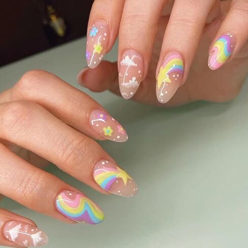 Rainbow Press on Nails Nude False Nails Full Cover Acrylic Cloud Fake Medium Nails for Women and Girls 24PCS in Saudi Arabia