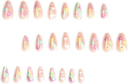 Rainbow Press on Nails Nude False Nails Full Cover Acrylic Cloud Fake Medium Nails for Women and Girls 24PCS in Saudi Arabia