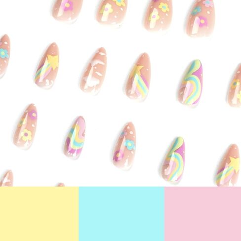 Rainbow Press on Nails Nude False Nails Full Cover Acrylic Cloud Fake Medium Nails for Women and Girls 24PCS in Saudi Arabia