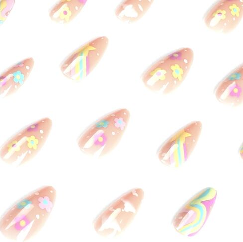 Rainbow Press on Nails Nude False Nails Full Cover Acrylic Cloud Fake Medium Nails for Women and Girls 24PCS in Saudi Arabia
