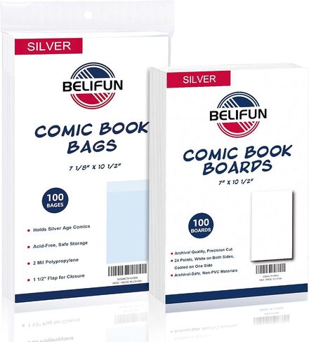 100ct Silver-Age Comic-Book-Bags and Boards - Reusable Comic Book Boards and Bags for Comic Book Storage, 1 1/2" Flap Comic Bags and Backing Boards, Clear Protector and Protection Board Cardboards in Kuwait