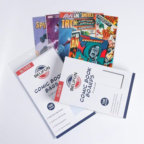 100ct Silver-Age Comic-Book-Bags and Boards - Reusable Comic Book Boards and Bags for Comic Book Storage, 1 1/2" Flap Comic Bags and Backing Boards, Clear Protector and Protection Board Cardboards in Kuwait
